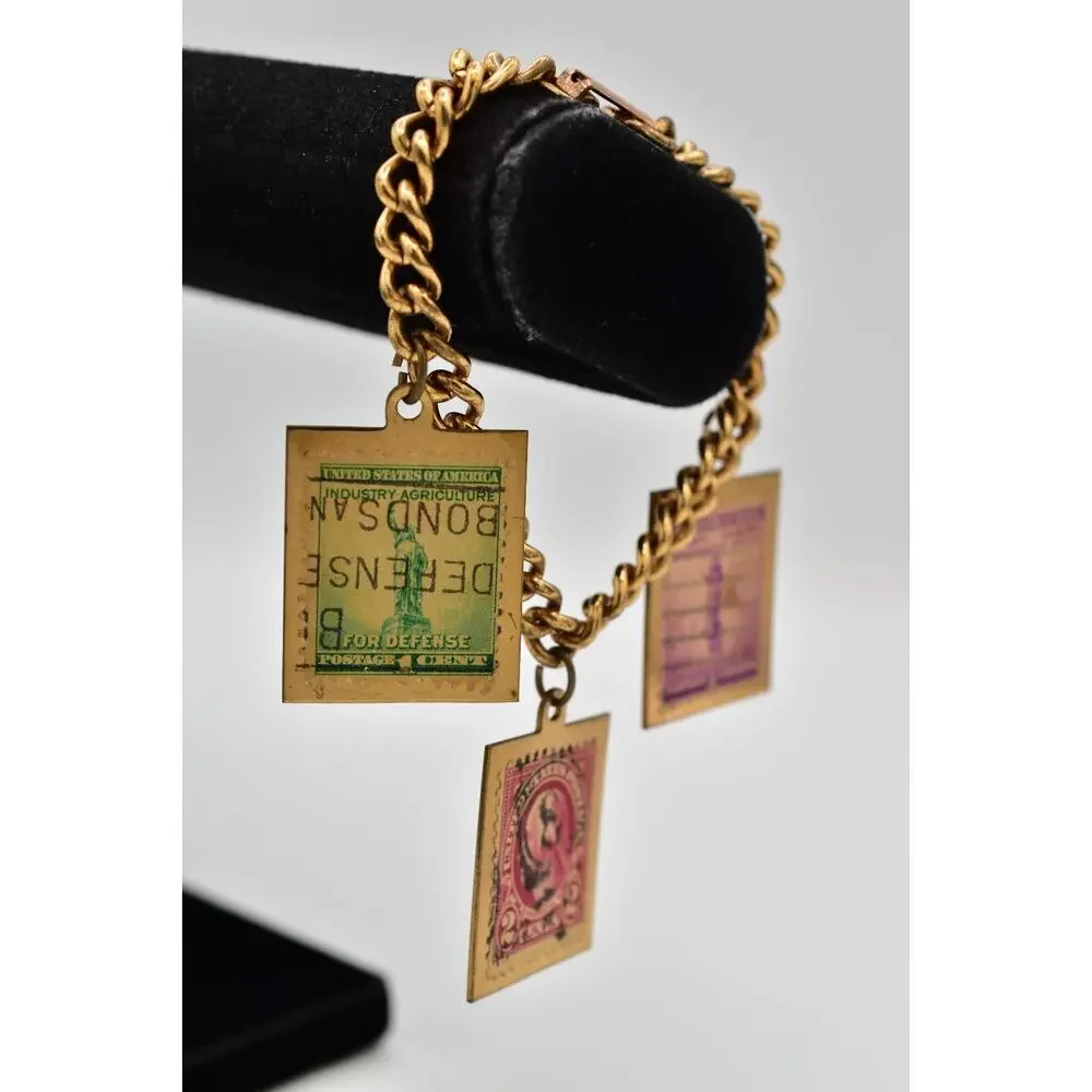 Vintage Stamp Charm Bracelet Antiqued Gold Dangle USA Florida California BinAW